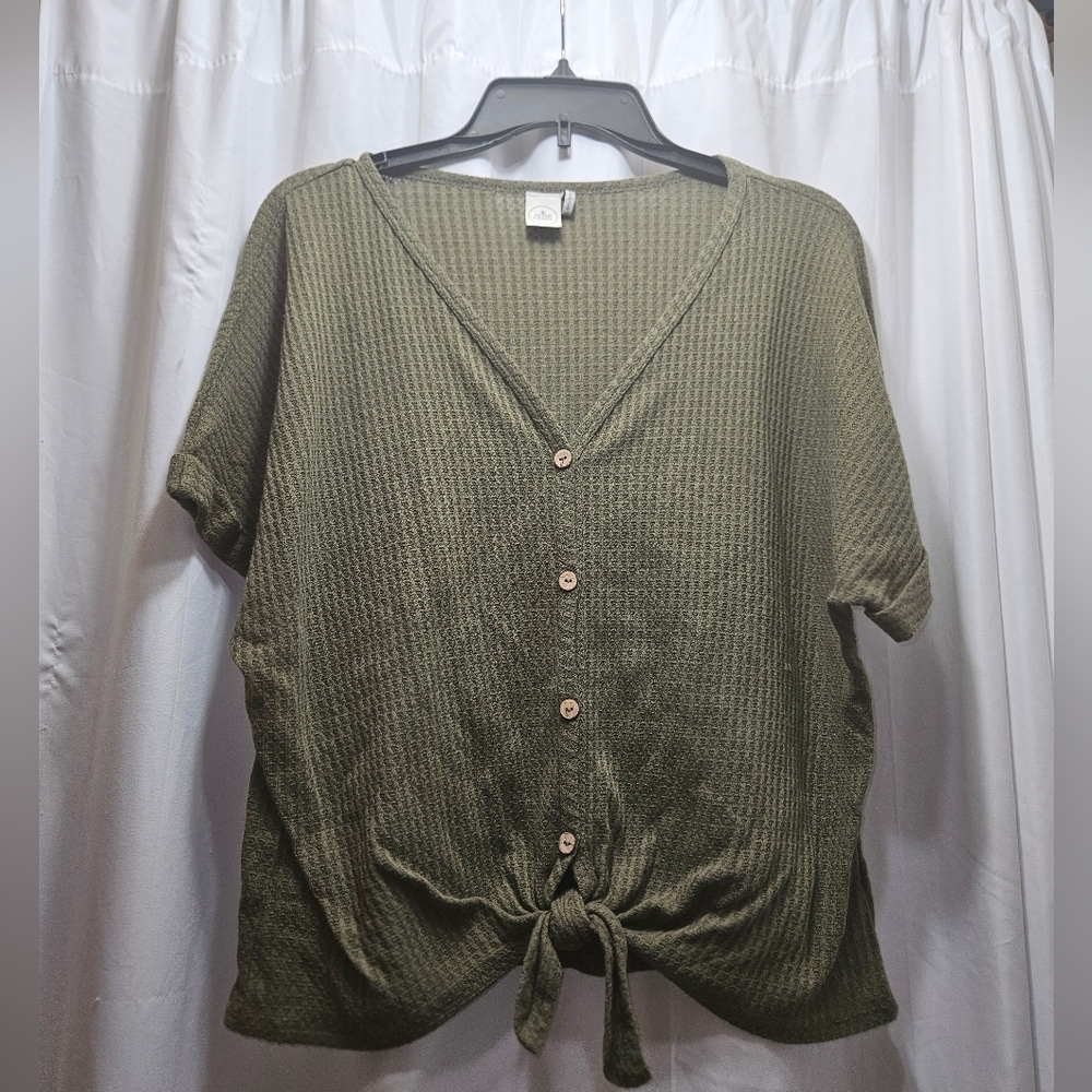 Paper Crane Dark Green Knot Front Cropped Blouse!